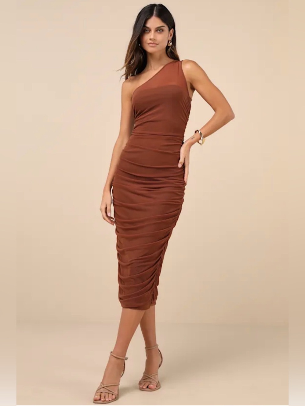 NWT Lulus One-Shoulder Brown Mesh Ruched Bodycon Midi Dress in Large